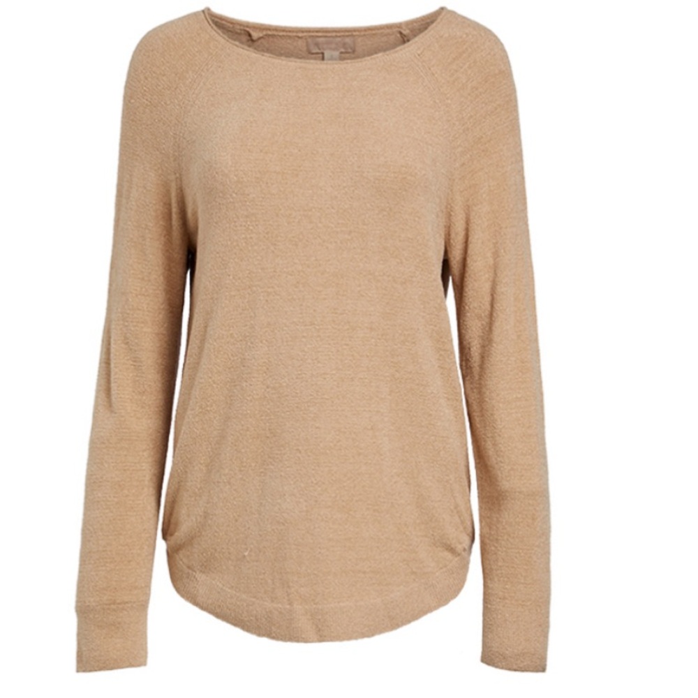 NWT (L) Barefoot Dreams Cozychic Ultra Lite Rolled Neck Shirttail Pullover-Camel